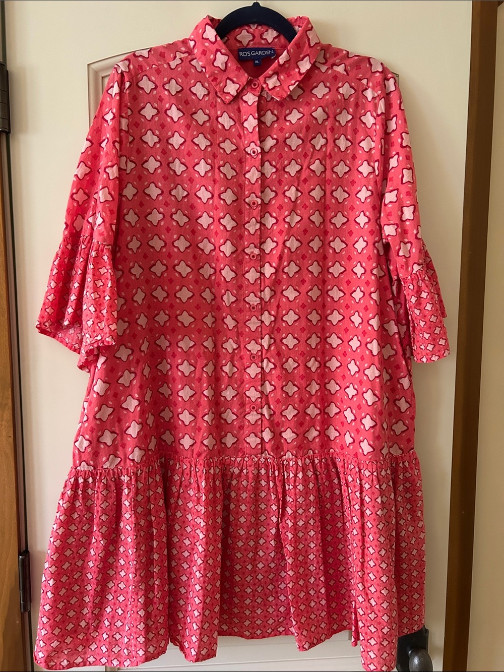 Ros Garden Pink Patterned Midi Block Print Shirt Dress